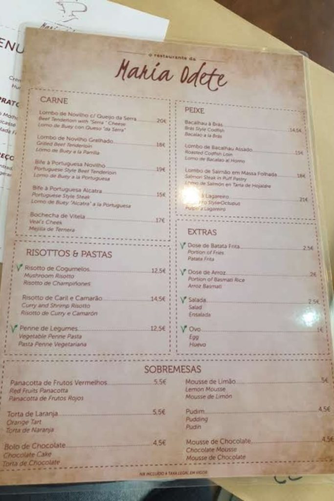 Menu from Maria Odete restaurant in Porto, Portugal